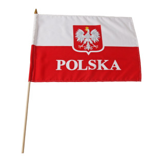 Flaga POLSKA 30x40 cm z uchwytem drewnianym z godlem | VUX.pl
